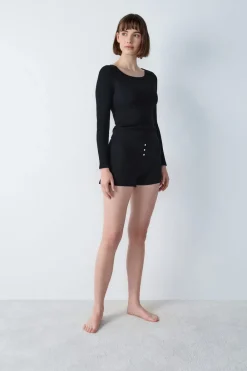 Clearance ETAM Pantalón corto de pijama de algodón de canalé, corte recto NEGRO
