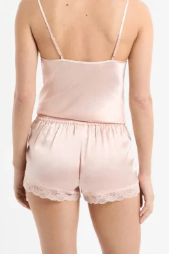 Sale ETAM Pantalón corto de seda con detalles de encaje VAINILLA