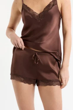 Discount ETAM Pantalón corto de seda con detalles de encaje HENNA