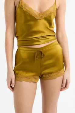 Clearance ETAM Pantalón corto de seda con detalles de encaje AMARILLO &Aacute;CIDO