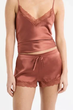 New ETAM Pantalón corto de seda con detalles de encaje arena