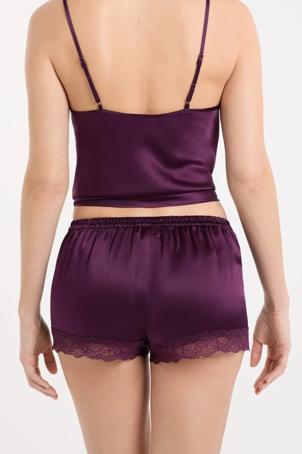 Clearance ETAM Pantalón corto de seda con detalles de encaje morado