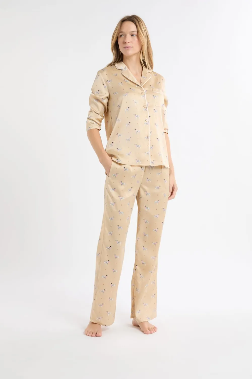 Discount ETAM Pantalón de pijama de satén con estampado de perros IMP FONDO ROSA