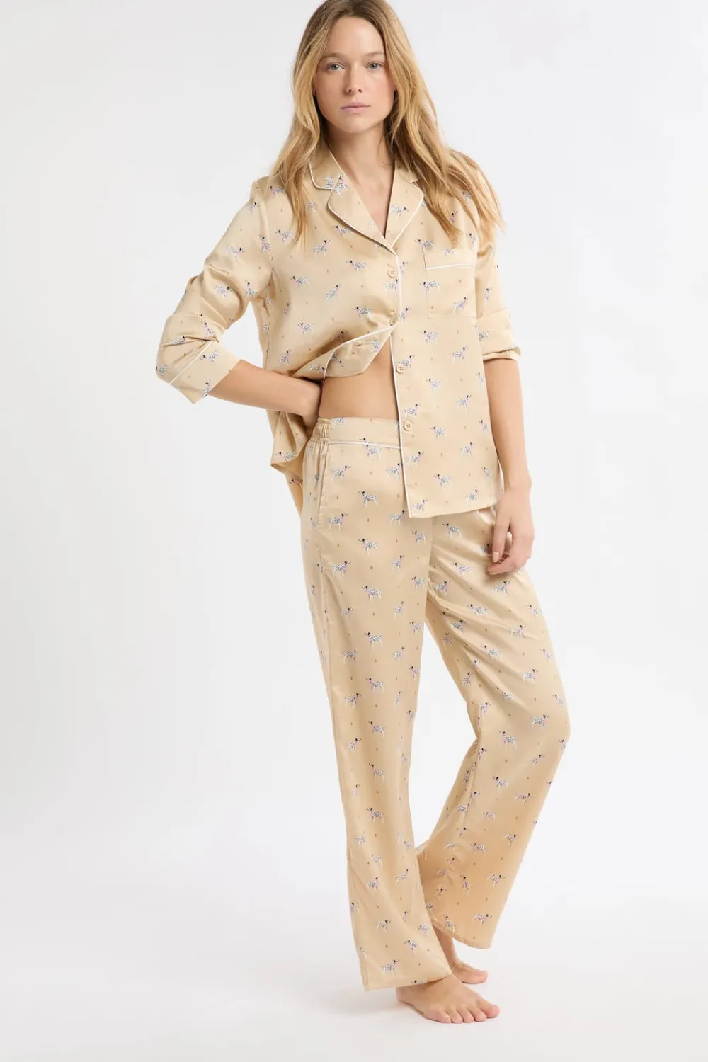 Discount ETAM Pantalón de pijama de satén con estampado de perros IMP FONDO ROSA