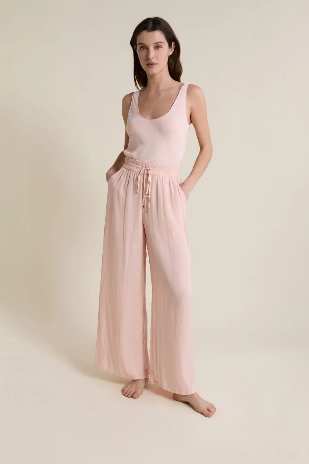 New ETAM Pantalon satiné coupe large ROSE POUDRE