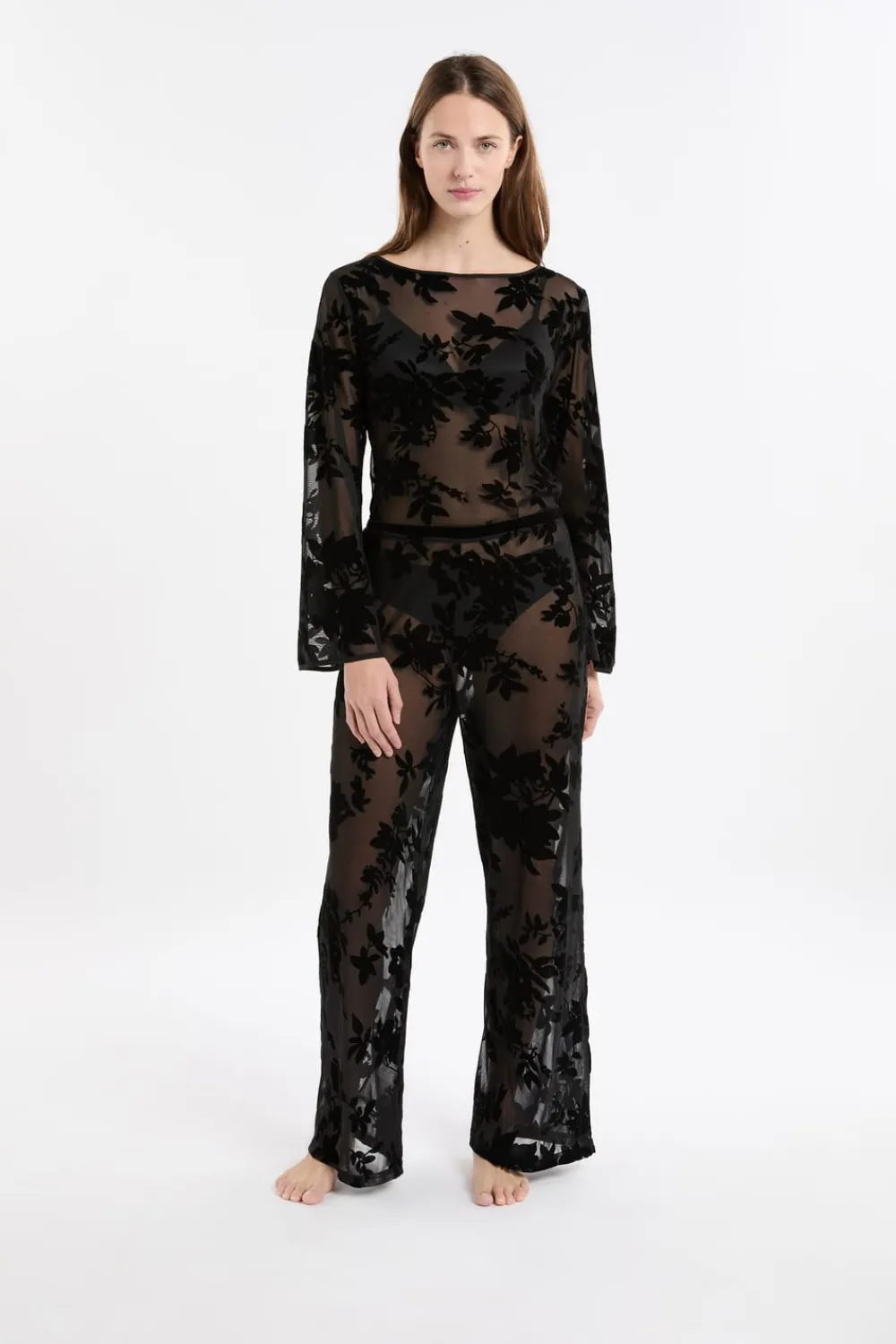 Sale ETAM Pantalon transparent à motif floral NOIR
