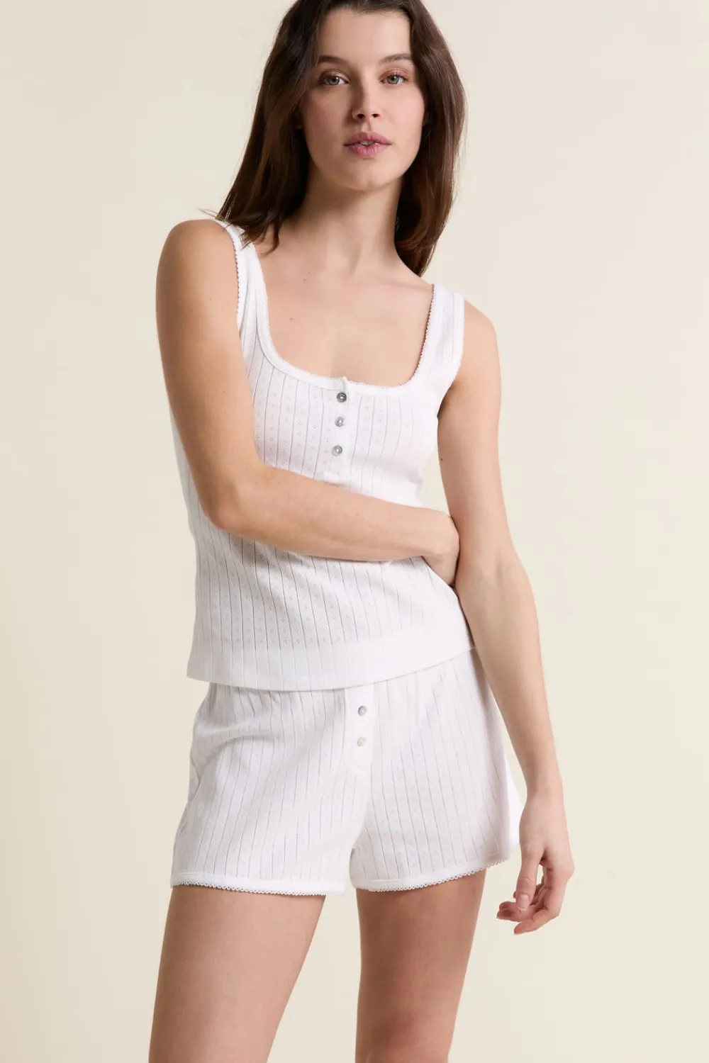 New ETAM Short de pyjama en coton en pointelle ECRU