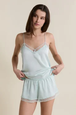 New ETAM Short de pyjama satiné détails brodés BLEU VERT
