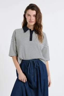Best ETAM Sudadera de algodón con cuello polo a rayas TINTA
