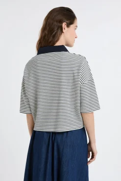 Best ETAM Sudadera de algodón con cuello polo a rayas TINTA