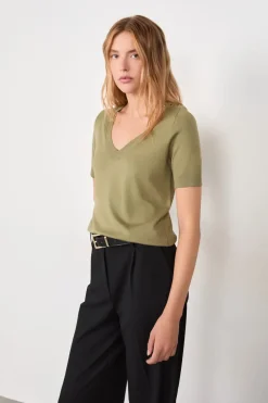 Clearance ETAM Suéter cuello en V manga corta ARCILLA