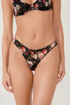 Clearance ETAM Tanga de encaje con estampado floral NEGRO