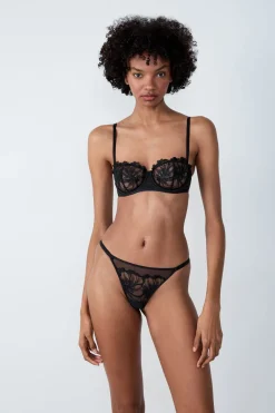 Discount ETAM Tanga de tul bordado NEGRO