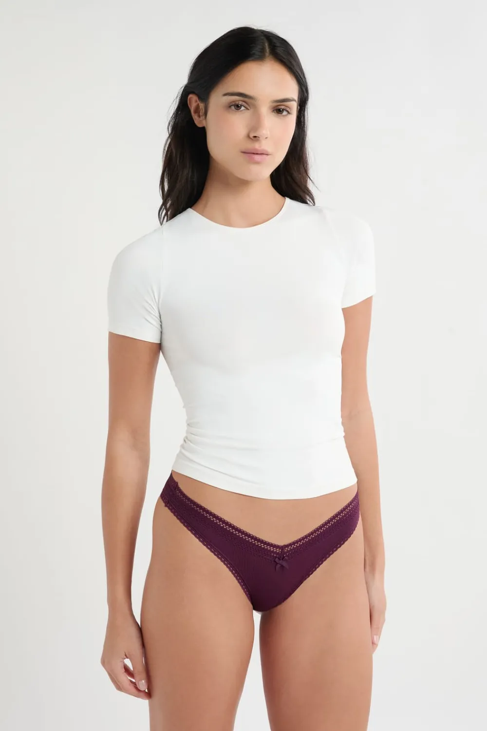 New ETAM Tanga en forma de V de microfibra con detalles de encaje ROSA CARAMELO