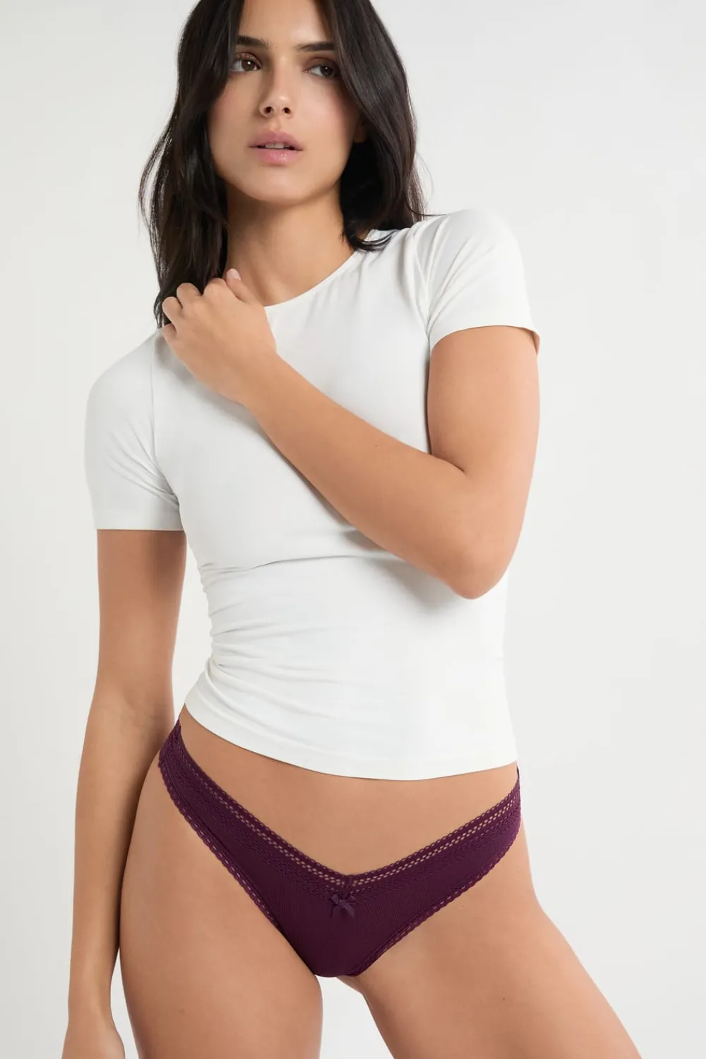 New ETAM Tanga en forma de V de microfibra con detalles de encaje ROSA CARAMELO