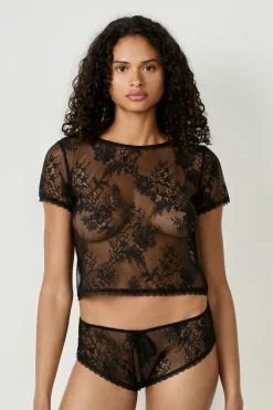 Discount ETAM Top bordado de manga corta NEGRO
