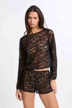Best ETAM Top de manga larga de encaje transparente NEGRO