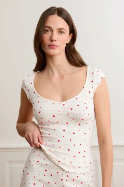 New ETAM Top de pijama de manga corta con estampado de corazones y algodón IMP FD crudo