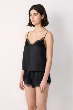 Clearance ETAM Top de seda con detalles de encaje NEGRO
