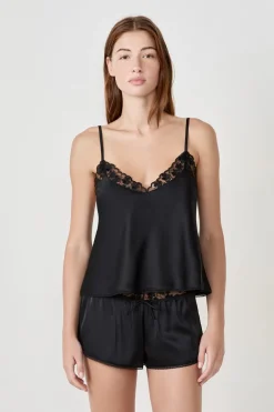 Outlet ETAM Top de tirantes satinado con detalles de encaje NEGRO