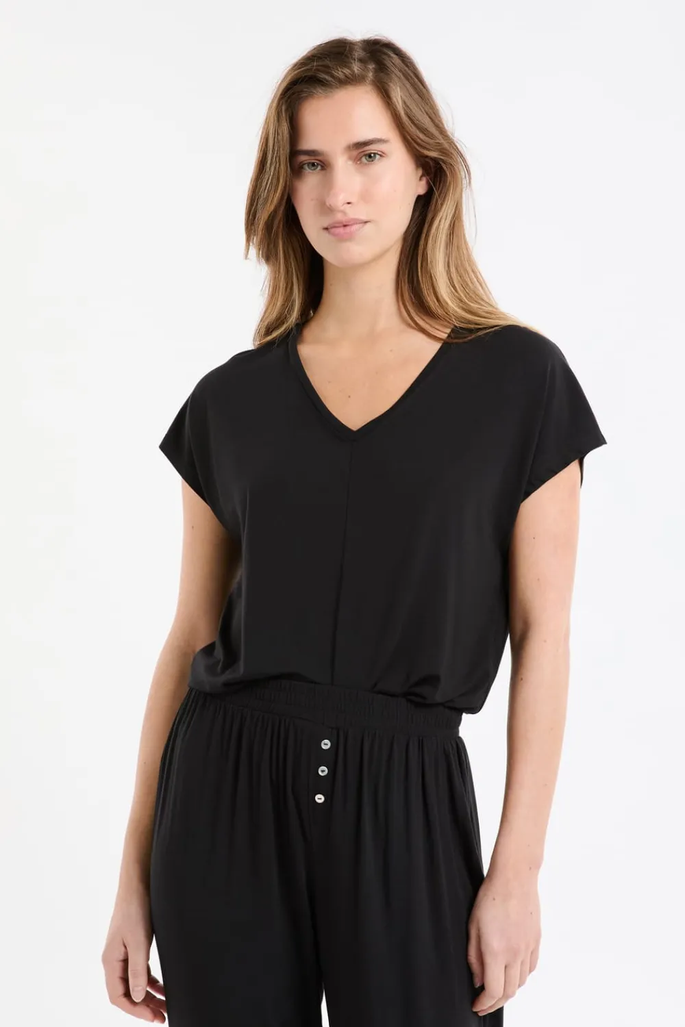 Best ETAM Top liso de manga corta NEGRO
