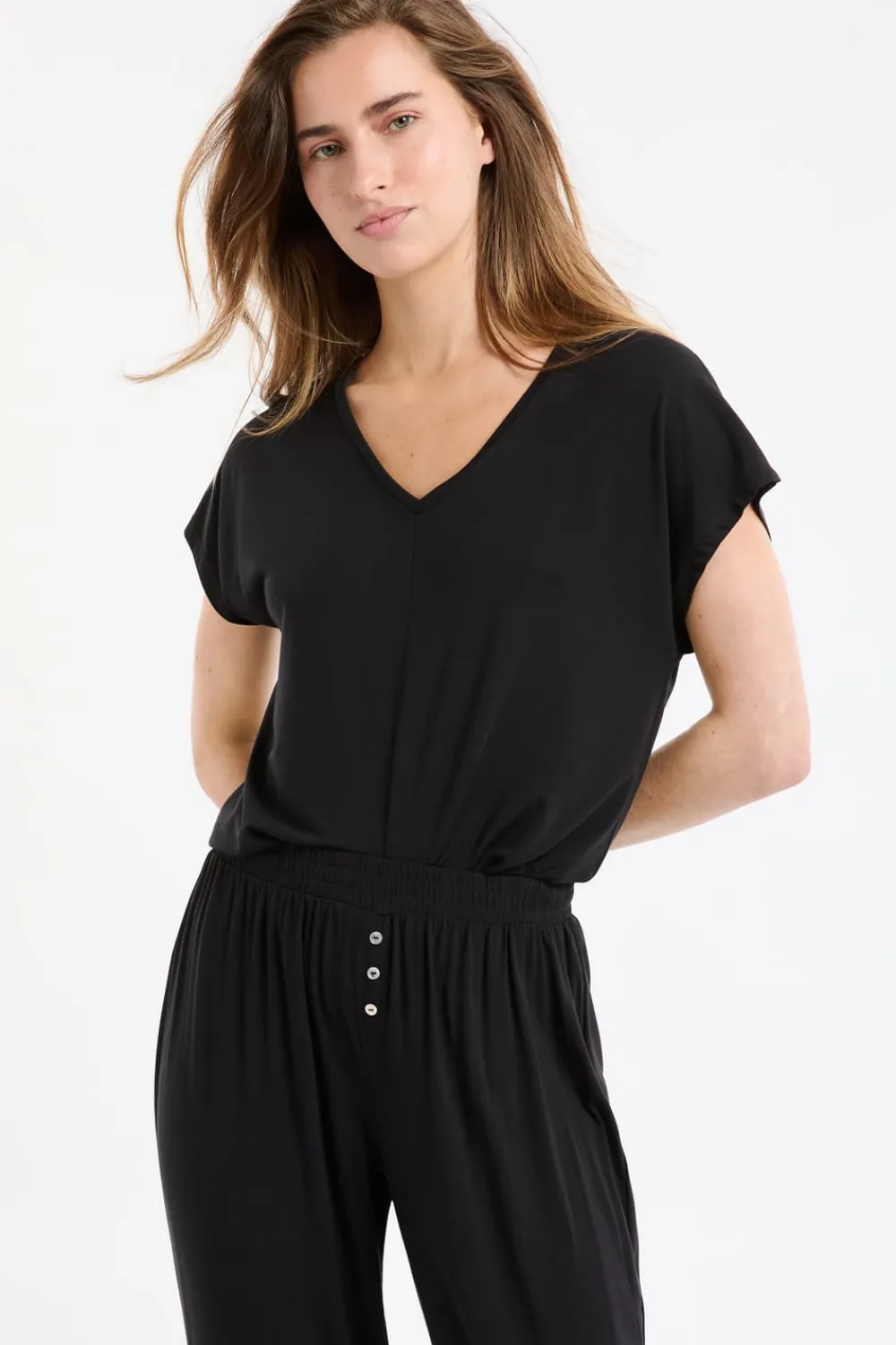 Best ETAM Top liso de manga corta NEGRO