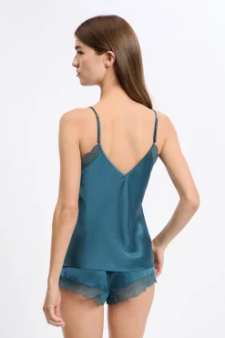 Clearance ETAM Top satinado con detalles de encaje AZUL PETR&Oacute;LEO