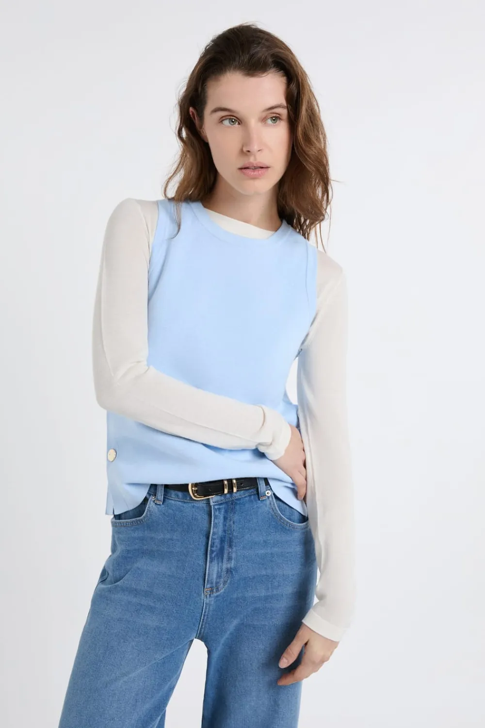 New ETAM Top sin mangas de algodón con botones dorados AZUL