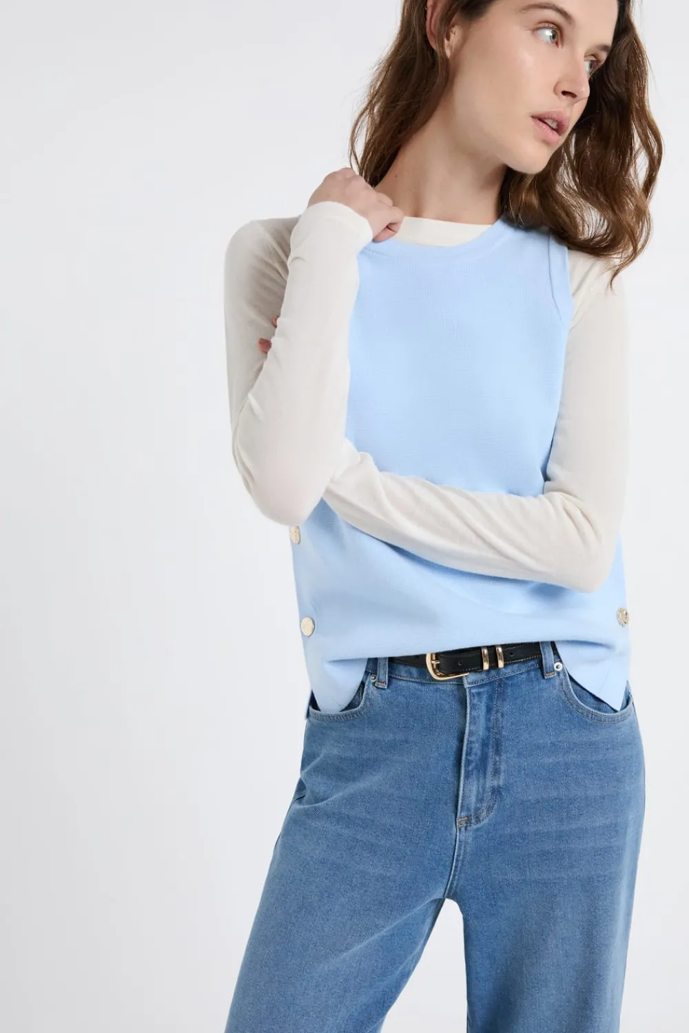 New ETAM Top sin mangas de algodón con botones dorados AZUL