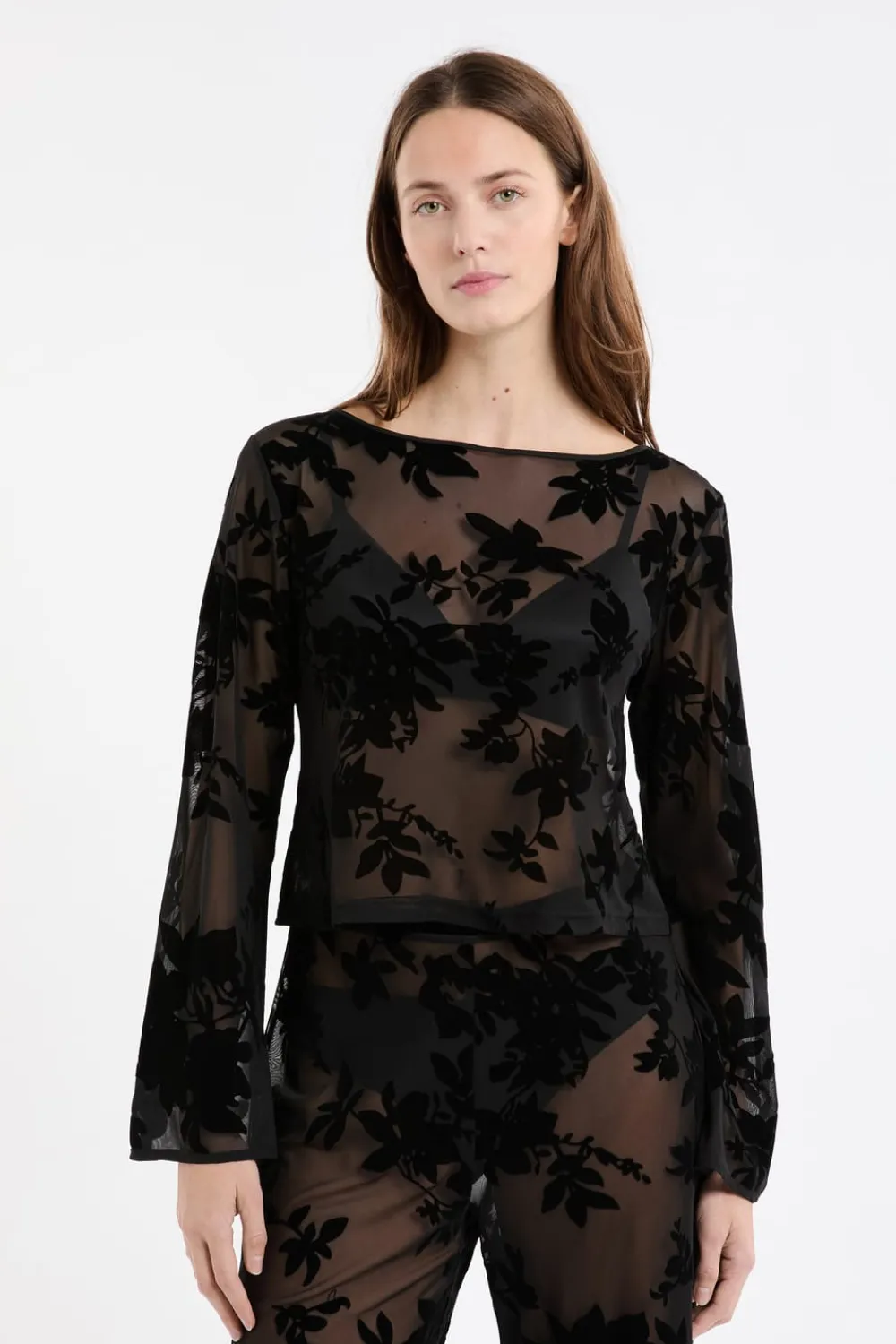 ETAM Top transparent à motif floral NOIR