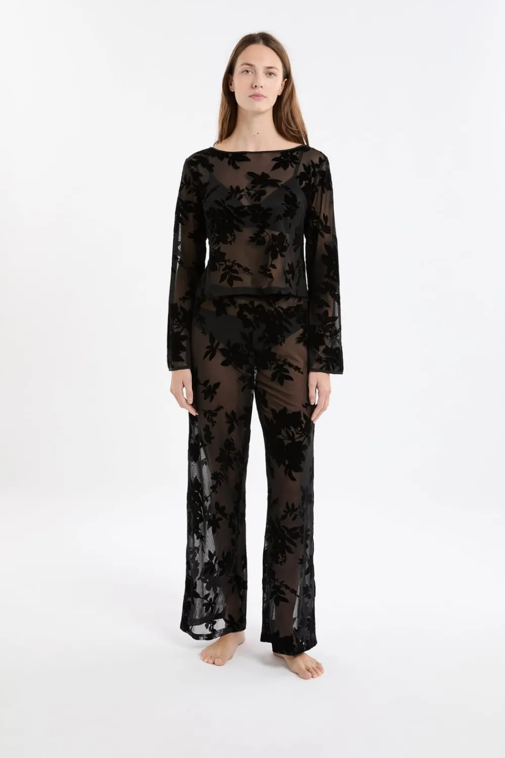 ETAM Top transparent à motif floral NOIR