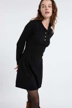 Outlet ETAM Vestido de manga larga con botones dorados NEGRO
