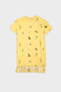 Clearance ETAM Vestido estilo camiseta estampado con flecos AMARILLO P&Aacute;LIDO