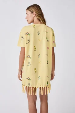 Clearance ETAM Vestido estilo camiseta estampado con flecos AMARILLO P&Aacute;LIDO