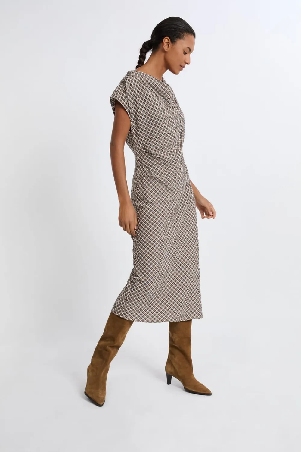 Outlet ETAM Vestido largo a cuadros BEIGE