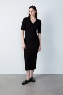 Discount ETAM Vestido largo de punto, manga corta NEGRO