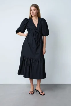 Sale ETAM Vestido midi de algodón con mangas abullonadas NEGRO