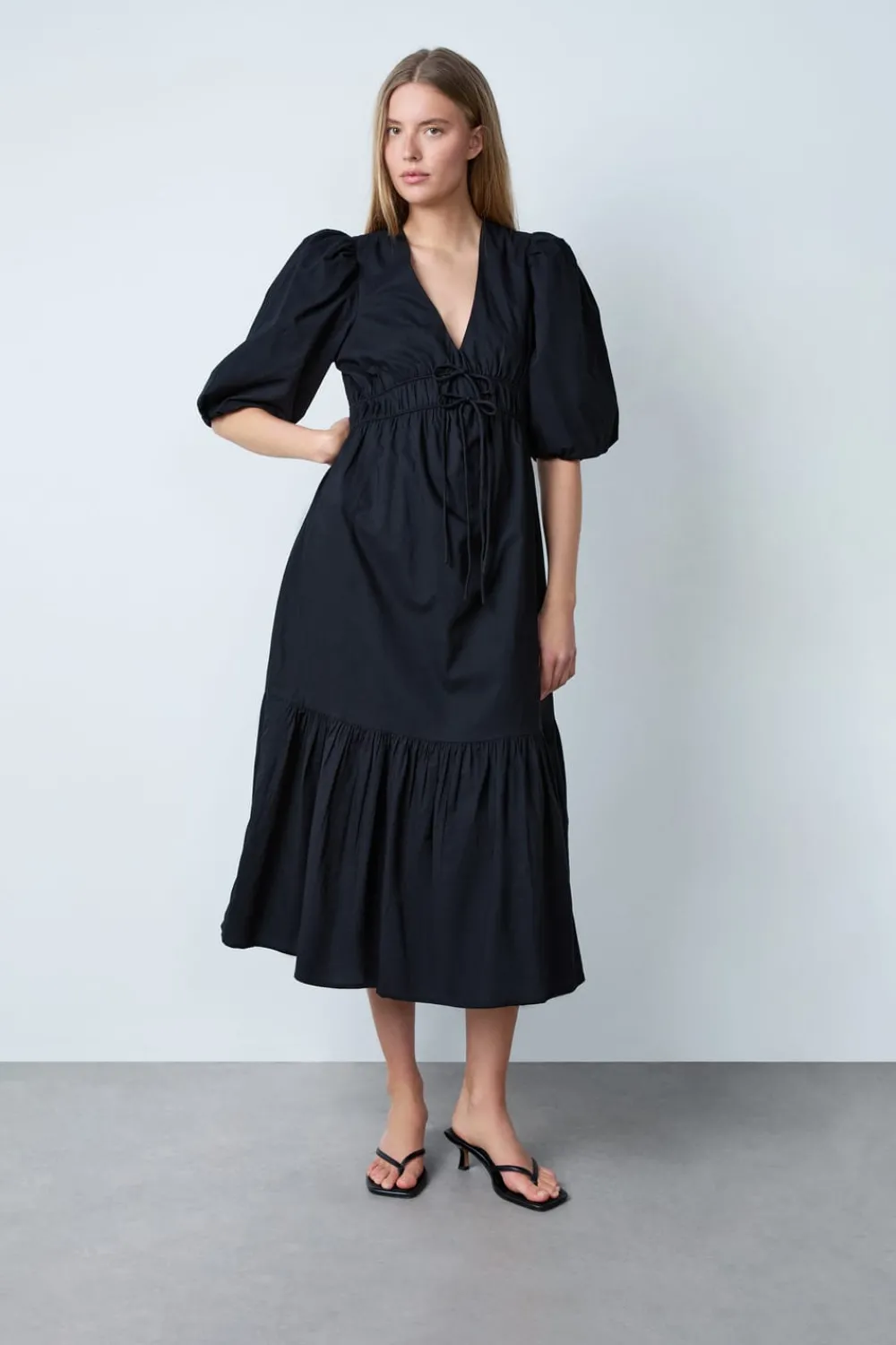 Sale ETAM Vestido midi de algodón con mangas abullonadas NEGRO