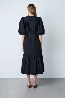 Sale ETAM Vestido midi de algodón con mangas abullonadas NEGRO