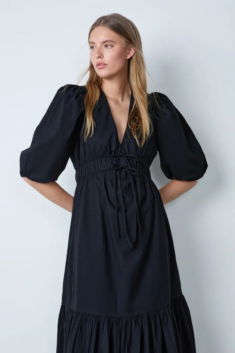 Sale ETAM Vestido midi de algodón con mangas abullonadas NEGRO